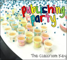 there are many cups on the table with confetti in them and text that says, pulishing party