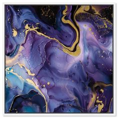 an abstract painting with gold and purple colors on it's surface, in the shape of waves