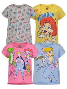 PRICES MAY VARY. Jersey, 100% Cotton Officially licensed Disney Pixar Toy Story toddler girls short sleeve graphic tee shirt All over print design; Brightly colored assortment; Pull on closure Youth fashion tees with cool character designs your child will love to wear; made from soft clothing material that is safe on children's skin Durable and long-lasting graphic tshirts with a comfortable fit and an easy to dress design making these shirts the essential top in your active kid's favorite outfi Disney Jessie, Toddler Girl Shorts, Girl Sleeves, Fancy Nancy, Bo Peep, Matching Family Pajamas, Pixar Toys, Soft Clothes, To Infinity And Beyond