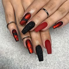 Valentine Nails Red And Black, Red And Black Lace Nails Design, Red And Black Acrylic Nails Designs Ideas, Black Snd Red Nail Designs, Red And Black Wedding Nails, Red Gold Black Nails, Red And Black Nails Design Coffin, Trendy Nails Red And Black, Red And Black Nails Design Classy