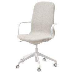 a white office chair with wheels on an isolated white background, viewed from the front