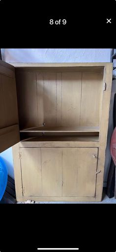 an old wooden cabinet with no doors is shown before and after it was refinished