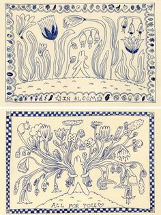 two blue and white drawings on paper with flowers in the middle, one has an image of