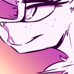 a drawing of a woman with glasses on her face and purple hair in the background