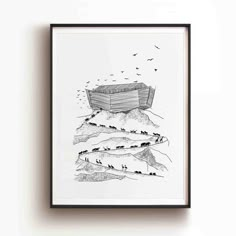 a black and white drawing of a boat floating on top of a mountain with birds flying around