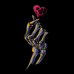 a skeleton hand holding a heart shaped balloon