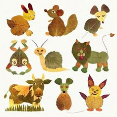 an image of some animals that are in the grass and leaf shapes on white paper