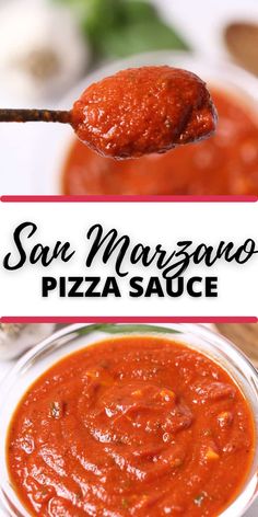 a spoon full of sauce with the words san marzianoo pizza sauce above it