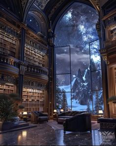 an image of a large room with bookshelves and mountains in the background at night