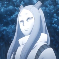 an anime character with long hair and blue eyes looking at the camera while standing in front of trees