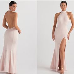 Thsi Stunning Dress Is Chic And Elegant. It Sweeps The Floor In A Flattering Maxi Length, Cut From Our Softest Stretch Jersey In A Beautiful Blush Hue. It Has A Sleek High Halter Neck In A Sleeveless Design And Turns To Reveal An Open Back. You'll Love How The Contouring Seams Define The Shape As It Skims Over Your Curves Before Flaring Out From The Knee To A Dropped Fishtail Silhouette. It Has A Daring Thigh High Split For A Generous Flash Of Leg And Is Fully Lined For A Smooth And Comfortable Pink Backless Bridesmaid Evening Dress, Pink Backless Gown For Prom, Pink Fitted Maxi Dress With Back Opening, Elegant Pink Dress With Back Opening, Pink Backless Dress For Formal Occasion, Pink Backless Formal Dress, Elegant Pink Backless Evening Dress, Feminine Fitted Gown For Gala, Fitted Feminine Gown For Gala