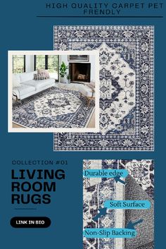 the living room rugs are available in blue and white colors, with different patterns on them