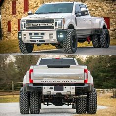 two pictures of the front and rear sides of a white ford f - 350 super duty truck