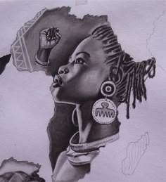 a drawing of a woman's face with an african headdress and earrings