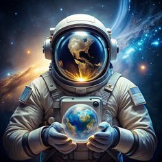 an astronaut holding a small globe in his hands