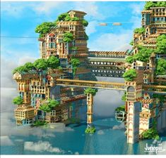 an image of a futuristic city floating in the air with trees and buildings on it