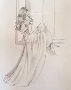 a pencil drawing of a woman sitting on a window sill looking out the window