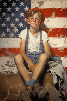 a painting of a boy sitting in front of an american flag