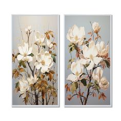 two paintings of white flowers on a gray background