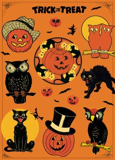 an orange poster with black cats and pumpkins on it's sides, including two owls