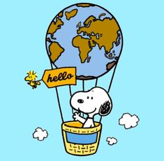 a cartoon dog flying in a hot air balloon with the word hello written on it