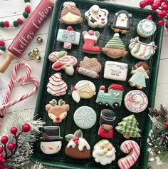 a tray filled with lots of decorated cookies next to candy canes and christmas decorations