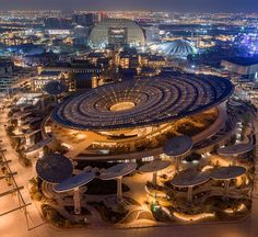 an aerial view of a city at night