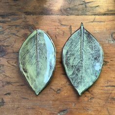 two leaf shaped dishes sitting on top of a wooden table