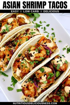 Asian Shrimp Tacos These Asian Shrimp Tacos are filled with perfectly seasoned shrimp and crisp Asian slaw served in soft, warm tortillas. They're topped with a drizzle of Yum Yum Sauce that takes these tacos to next-level deliciousness. #shrimptacos #asiantacos #asianshrimptacos Shrimp Tacos With Asian Slaw, Thai Shrimp Tacos, Korean Shrimp Tacos, Shrimp Asian Recipe, Asian Shrimp Tacos, Keto Shrimp Tacos, Asian Shrimp Recipes, Asian Tacos, Lowcarb Meals