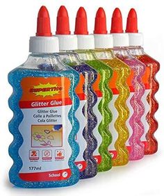 six bottles of glitter glue sitting next to each other