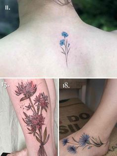 three different tattoos with flowers on their backs