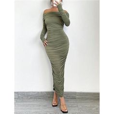 This Elegant Design Features A Chic Off-The-Shoulder Neckline And Asymmetrical Ruched Detailing That Accentuates The Natural Waistline For A Flawless Slim-Fit Silhouette. The Long Sleeves And Pencil Hem Create A Refined, Modern Look, While The Long Length Adds A Touch Of Grace. With An Unlined Body For A Smooth Fit, This Dress Effortlessly Combines Contemporary Style With Timeless Elegance. Perfect For Making A Memorable Impression At Any Special Occasion. Ruched Bodycon Dress, Green Long Sleeve, Fall Fashion Trends, Long Length, Elegant Design, Contemporary Style, Design Features, Timeless Elegance, Olive Green