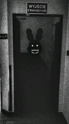 a black and white photo of a door with a bunny mask on it's face