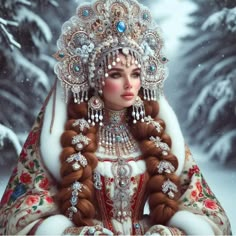 a woman dressed in an elaborately designed costume sitting on the ground with snow covered trees behind her