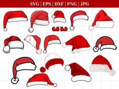 christmas hats and caps in red, white and grey colors on a tile background with the words svg epss dxt png