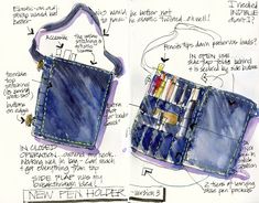 a drawing of a blue jean purse with writing on the side and instructions for how to make it