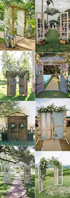 several different pictures of an outdoor area with wooden doors and flowers on the arbors