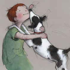 a drawing of a boy hugging a dog with his face close to the dog's mouth