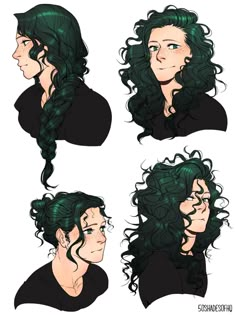 four different views of a woman's hair with green streaks on her face and shoulders