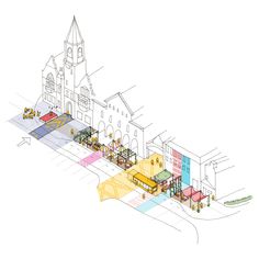 an architectural drawing of a city with buildings and people walking around the area, all in different colors