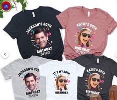 three t - shirts with the faces of two people wearing sunglasses and one has a birthday message on it