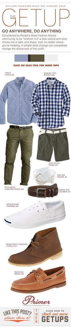 The Getup: Go Anywhere, Do Anything - Primer; Never thought of olive pants... Male Fashion Advice, Olive Chinos, Simple Shoes, Mode Casual, 가을 패션, Men Looks, White Shoes, Well Dressed