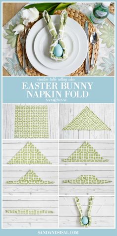 an easter bunny napkin fold is shown with the instructions to make it look like they have been