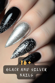 Black and silver nails are the perfect combo of edgy and chic! These 16 designs include ombre, glitter accents, and minimal patterns to upgrade your manicure. Click to explore them all! 💅✨🖤 #NailInspo #BlackAndSilverVibes #ChicNailDesigns #ManicureIdeas #BeautyTrends #NailArtIdeas #StylishNails Black And White Glitter Nails, Silver And Black Nails, Black And Silver Nail Designs, Glitter Stiletto Nails, Black Sparkle Nails, Black And Silver Nails, Silver Sparkle Nails, Nail Color Combinations, Silver Nail Designs