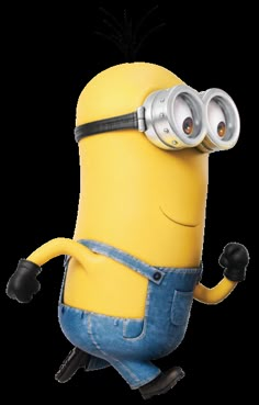 a cartoon minion is running with two eyes on his head