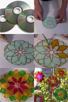 several pictures of stained glass flowers and discs