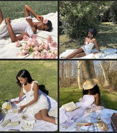 four different pictures of a woman laying on a blanket in the grass with flowers and an open book