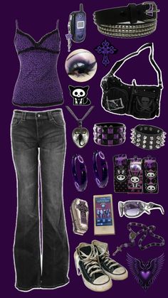 Trashy Outfits, Scene Outfits, Alt Outfits, Purple Outfits, 2000s Fashion Outfits, Emo Outfits, Grunge Goth, Cool Fits, Swaggy Outfits