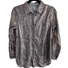 Ny Collection | Pewter & Silver All-Over Sequin Long Sleeve Button-Up Shirt Size: Women's Medium Measurements Provided In Photos! Condition: New With Tags. Reasonable Offers Welcomed! Bundle Discount Available! Happy Shopping! :) Holidays, Christmas, New Year's Eve, Nye, Going Out Top, Special Occasion, Date Night, Concert Elegant Button-up Sequin Blouse, Elegant Sequined Button-up Blouse, Glamorous Button-up Tops For Fall, Elegant Button-up Blouse With Sequins, Button-up Sequin Blouse For Party, Metallic Button-up Party Top, Metallic Button-up Top For Party, Holiday Silver Sequined Tops, Silver Long Sleeve Tops With Sequins