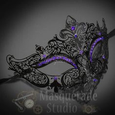 Womens Luxury Metal Venetian Masquerade Mask [Black With Purple Rhinestones] Black Masquerade Mask For Halloween Gift, Vintage Black Masquerade Mask, Elegant Black Masquerade Mask For Gift, Elegant Black Masquerade Mask As Gift, Venetian Black Masquerade Mask, Masquerade Attire, Purple Masquerade Mask, Purple Masquerade, Masquerade Mask Black